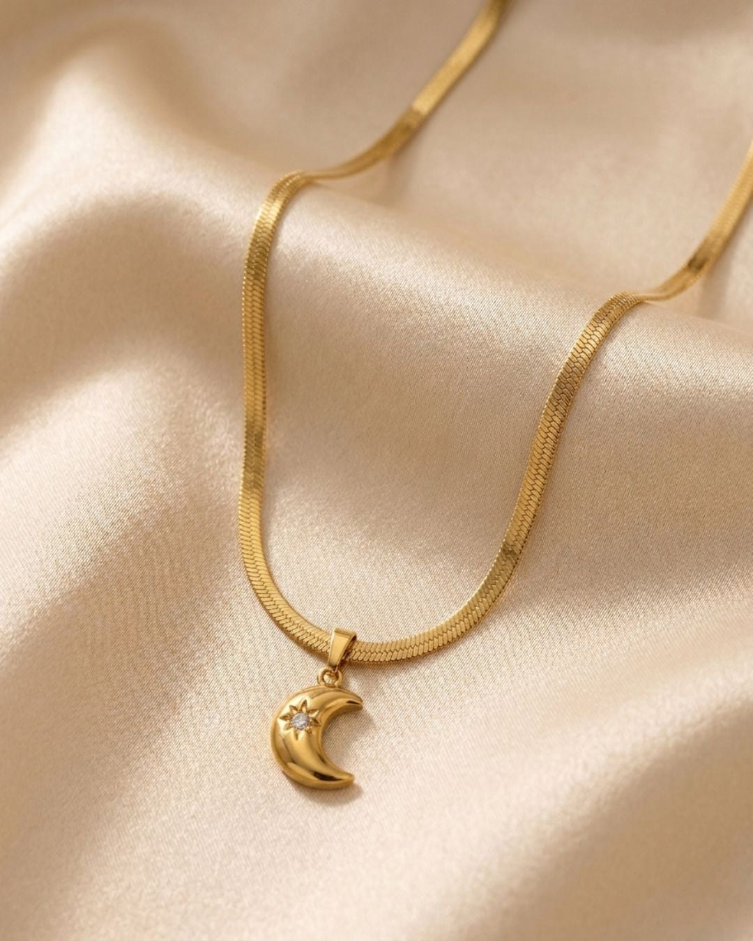 Lunar Crescent Herringbone Gold Plated Necklace
