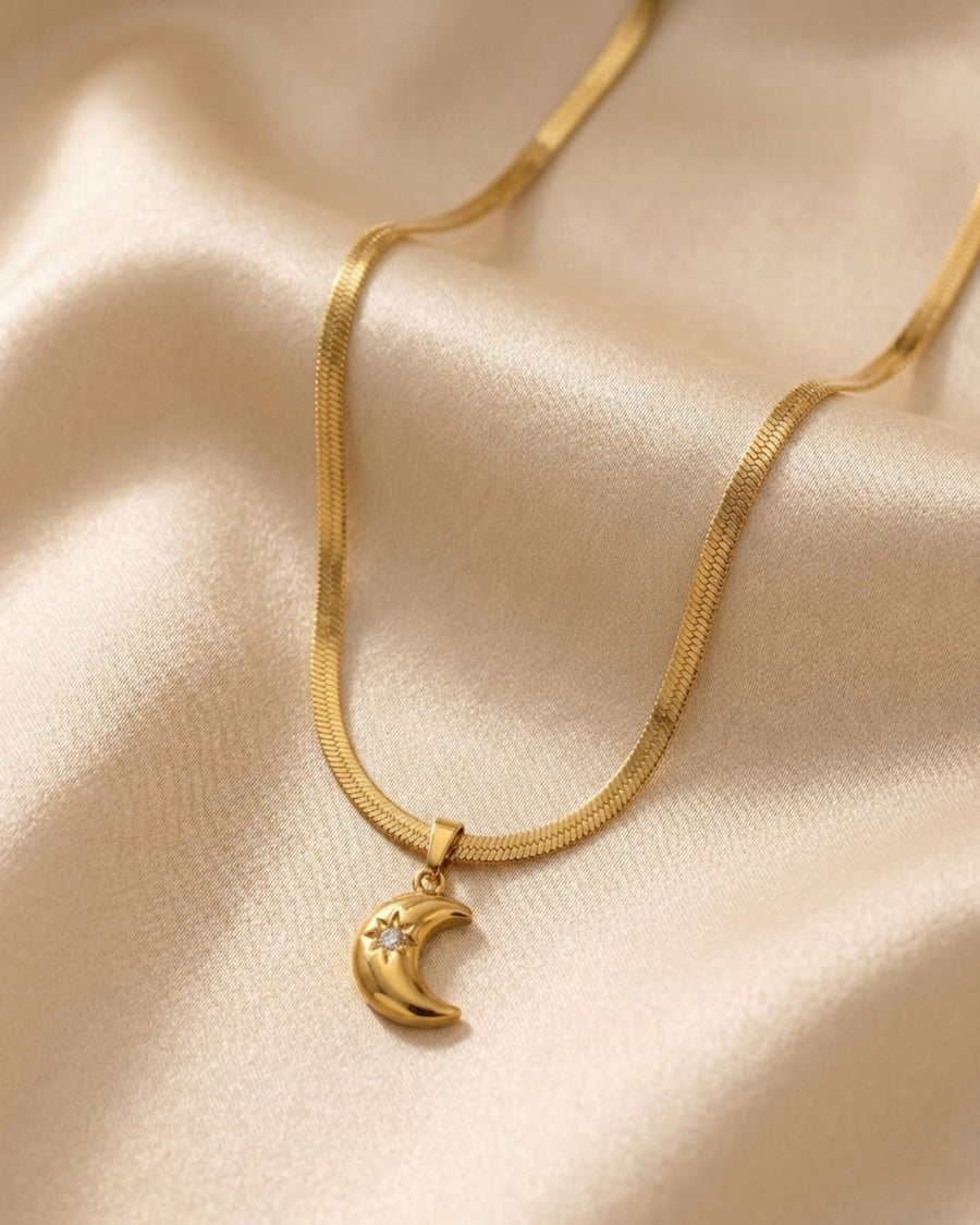 Lunar Crescent Herringbone Gold Plated Necklace