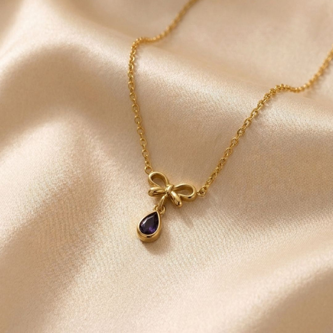Amethyst Ribbon Bow Gold Plated Necklace