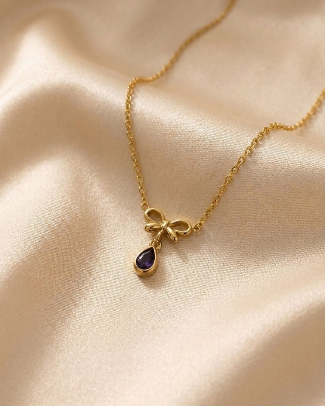 Amethyst Ribbon Bow Gold Plated Necklace