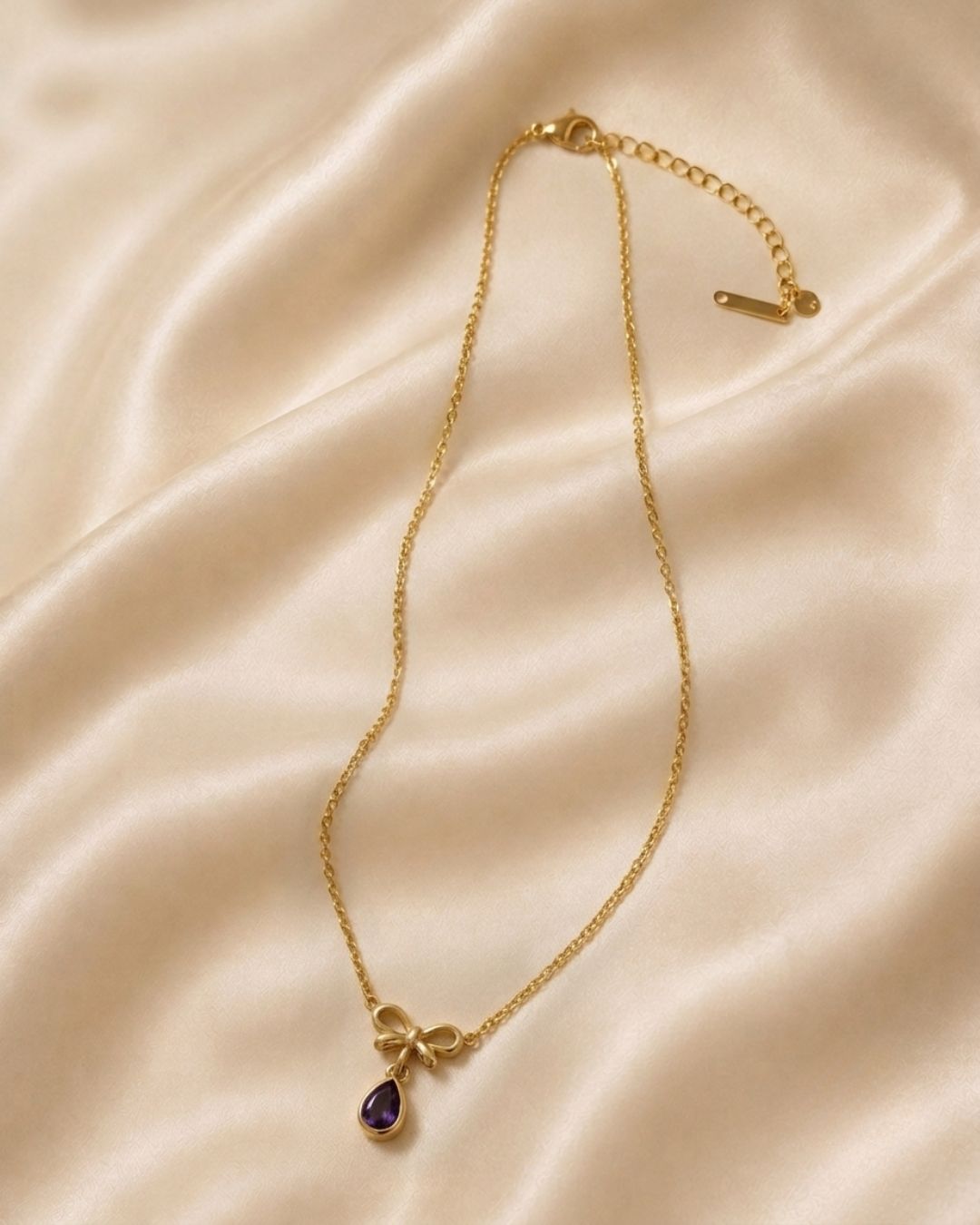 Amethyst Ribbon Bow Gold Plated Necklace