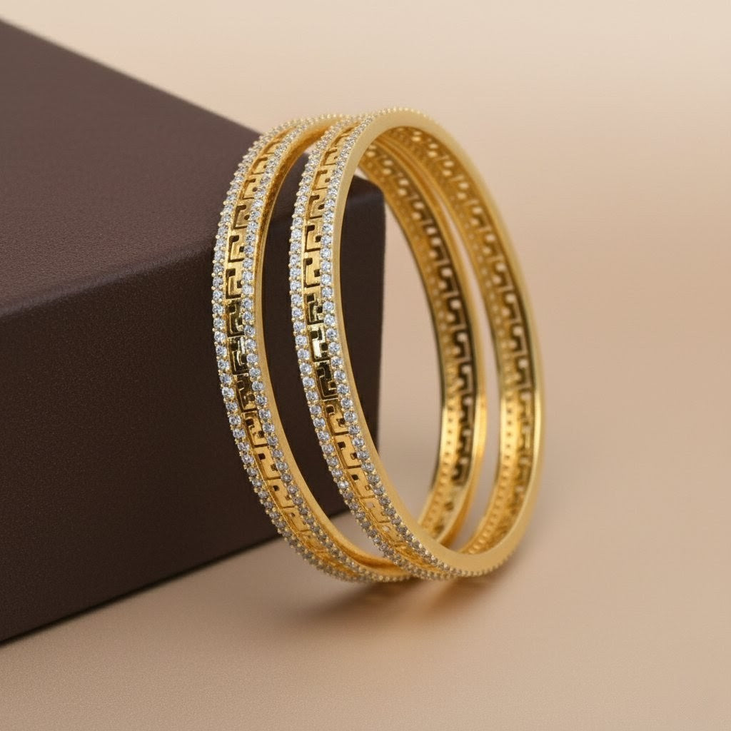 Aaryon Geo-Edge CZ Silver 925 Bangle Pair (Gold-Plated)