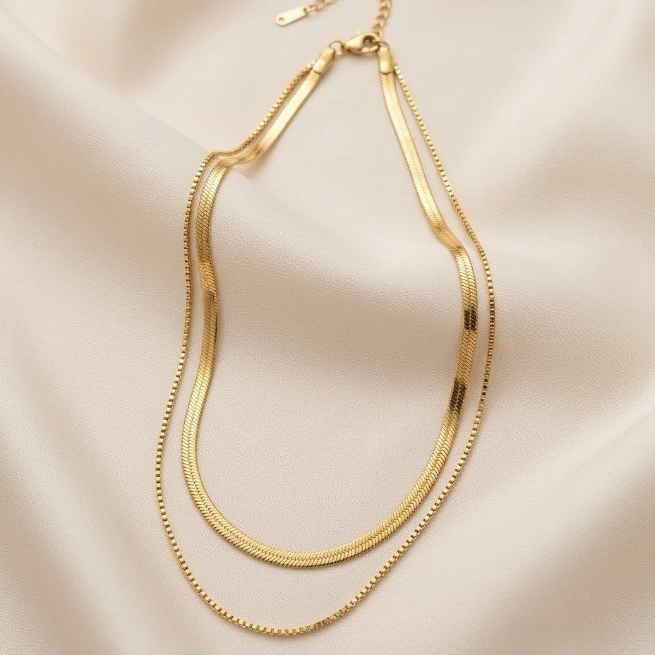 Dual Layer Herringbone & Box Chain Gold Plated Necklace