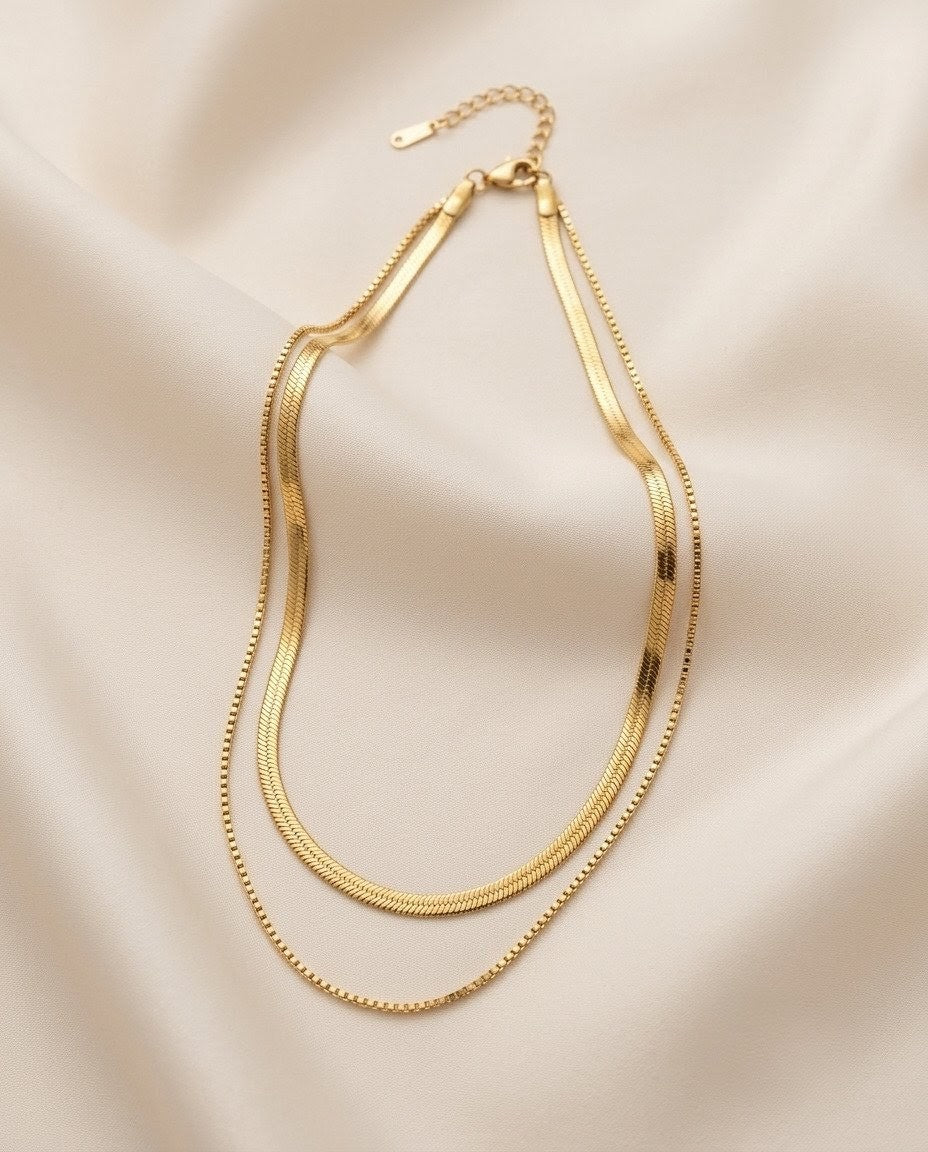 Dual Layer Herringbone & Box Chain Gold Plated Necklace