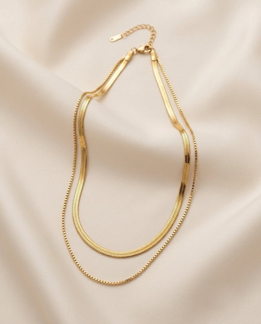 Dual Layer Herringbone & Box Chain Gold Plated Necklace