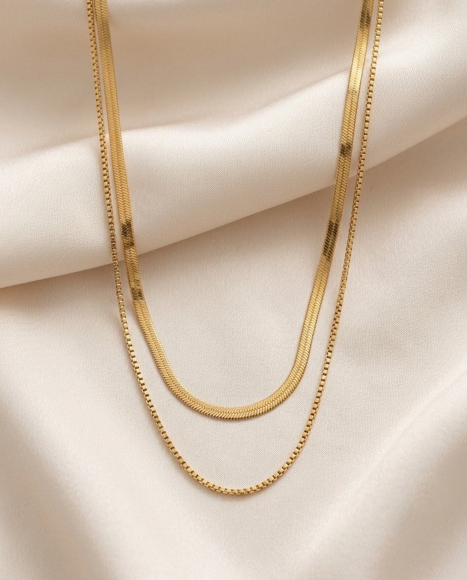 Dual Layer Herringbone & Box Chain Gold Plated Necklace
