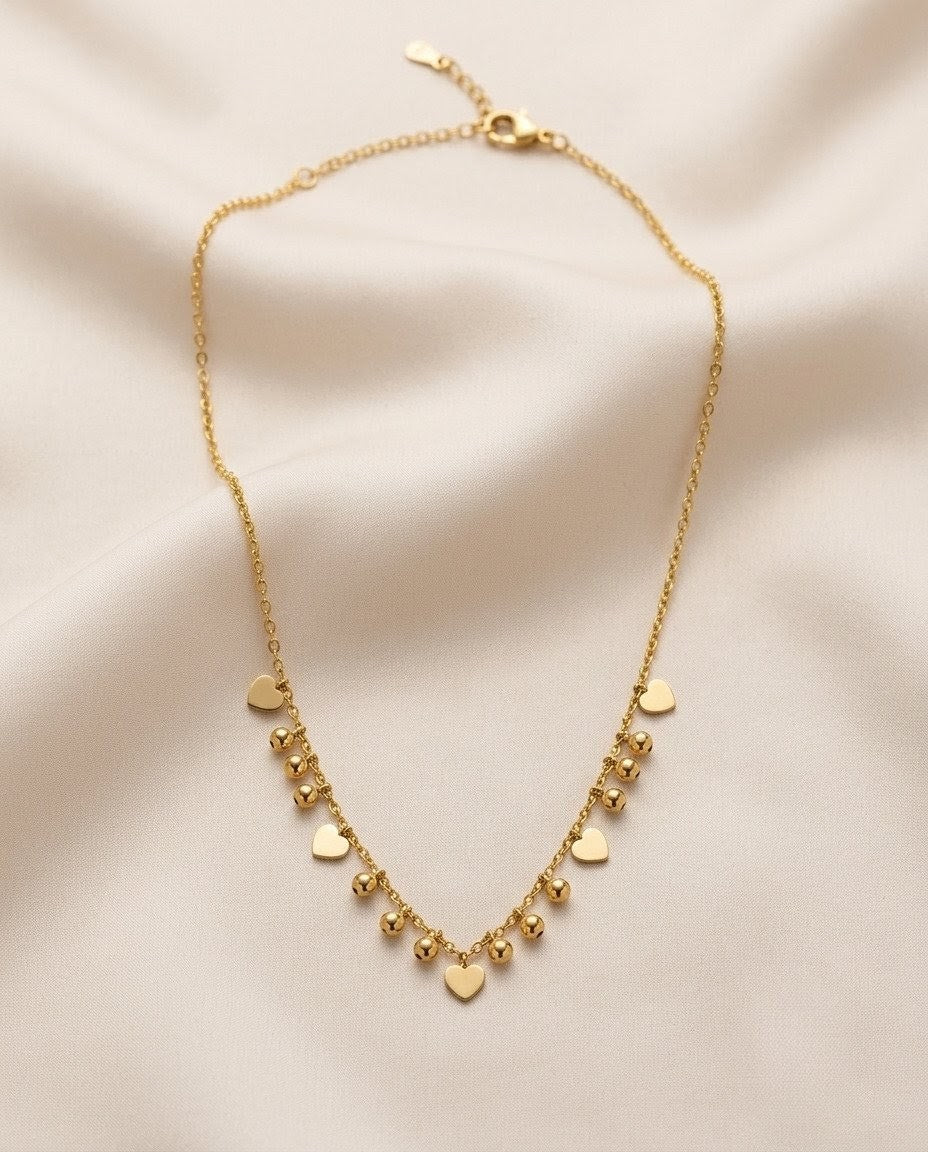 Dainty Multi-Heart & Bead Fringe Gold Plated Necklace