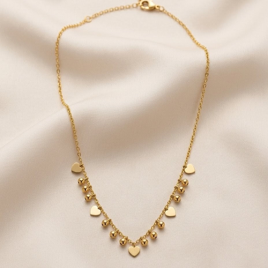 Dainty Multi-Heart & Bead Fringe Gold Plated Necklace
