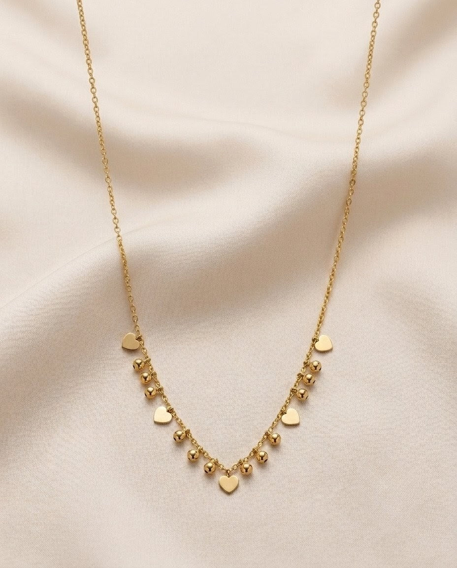 Dainty Multi-Heart & Bead Fringe Gold Plated Necklace