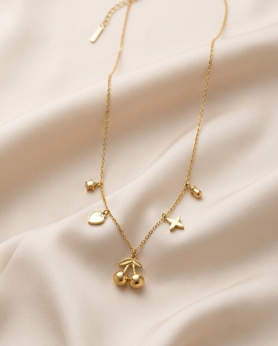 Playful Multi-Charm Cherry & Star Gold Plated Necklace