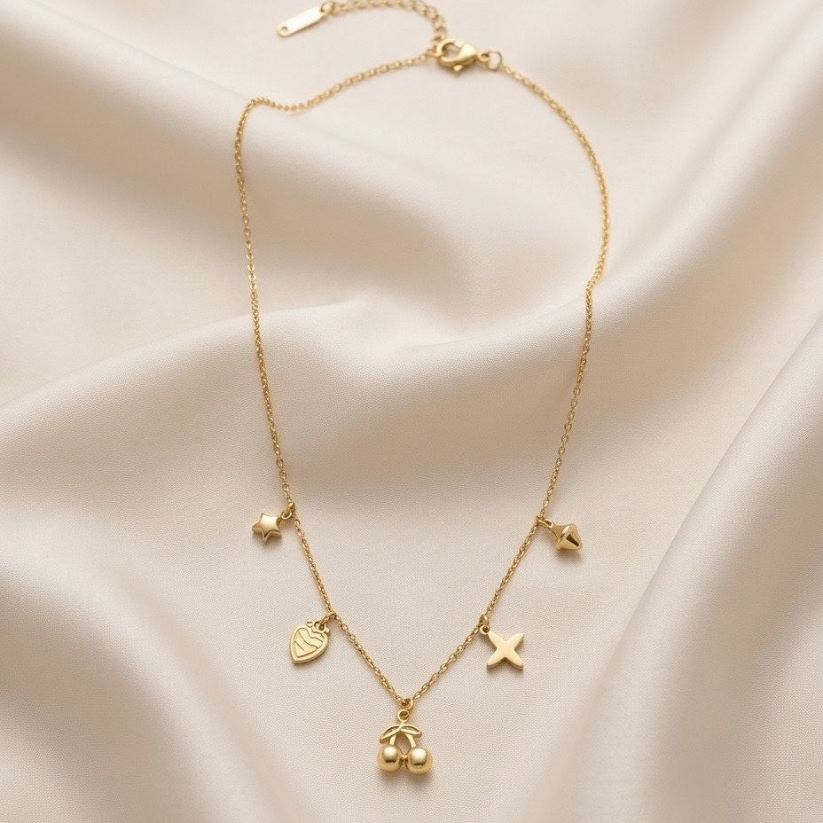Playful Multi-Charm Cherry & Star Gold Plated Necklace