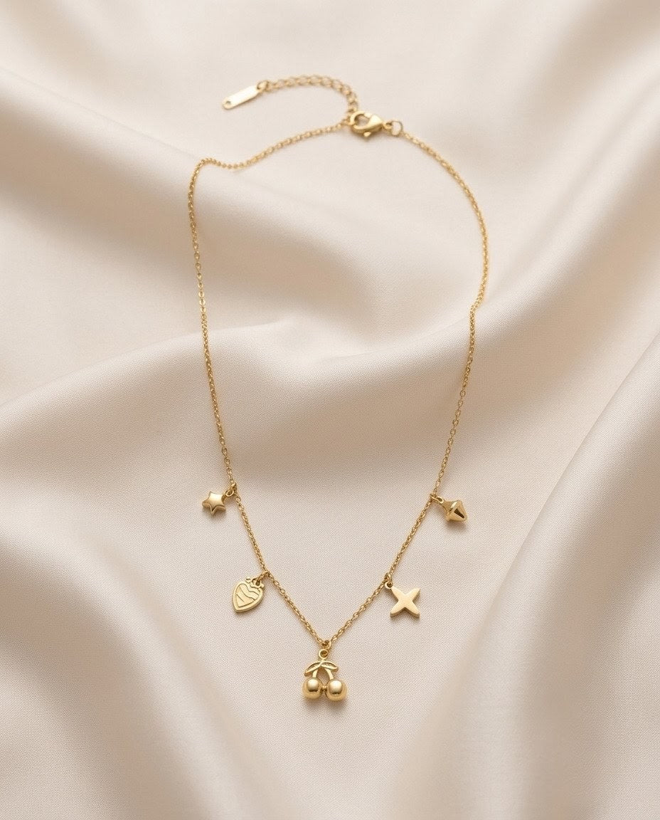 Multi-Charm Cherry & Star Gold Plated Necklace