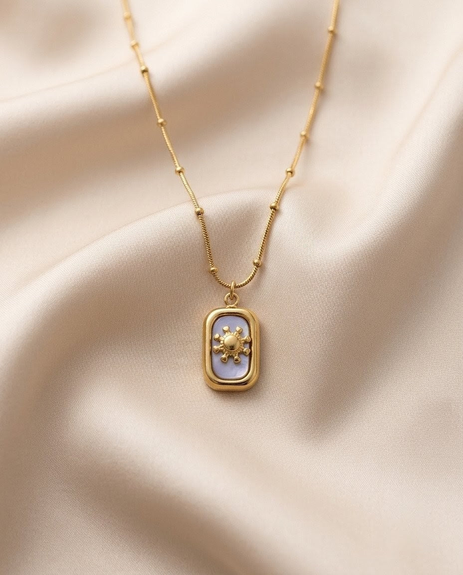 Celestial Sunburst Mother of Pearl Tag Gold Plated Necklace