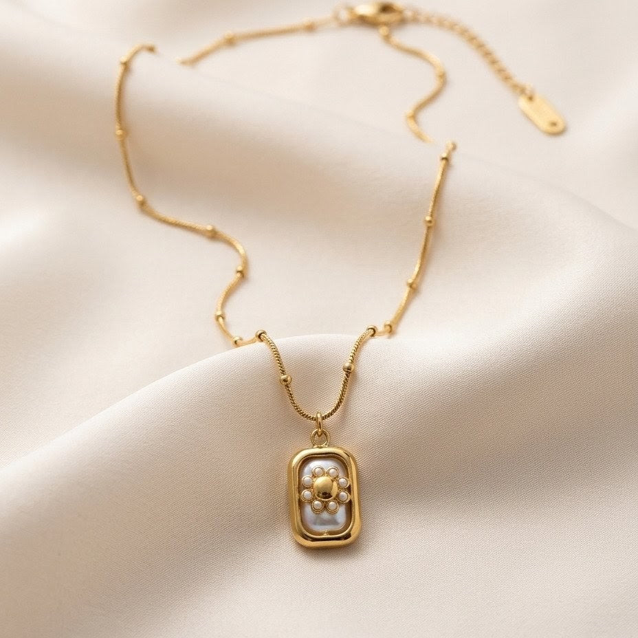 Celestial Sunburst Mother of Pearl Tag Gold Plated Necklace