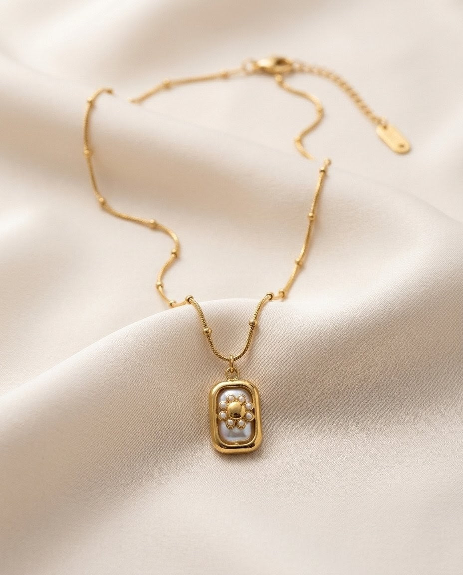 Celestial Sunburst Mother of Pearl Tag Gold Plated Necklace