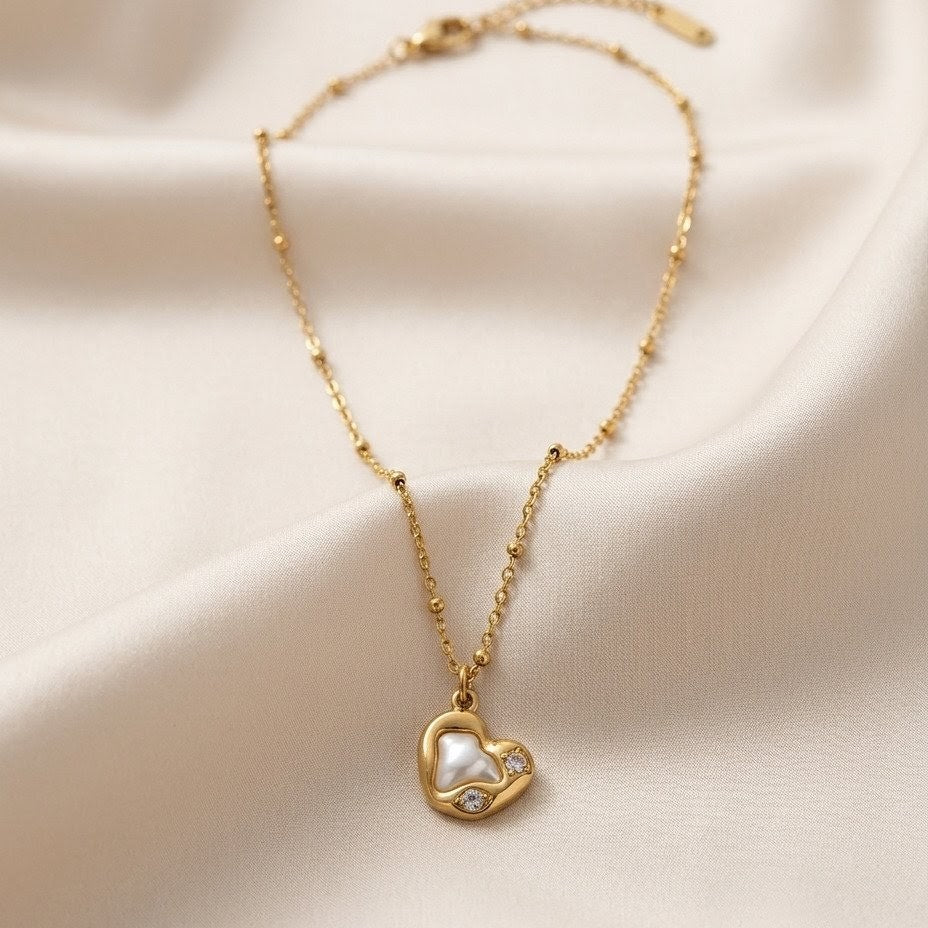 Organic Heart Mother of Pearl & Crystal Gold Plated Necklace