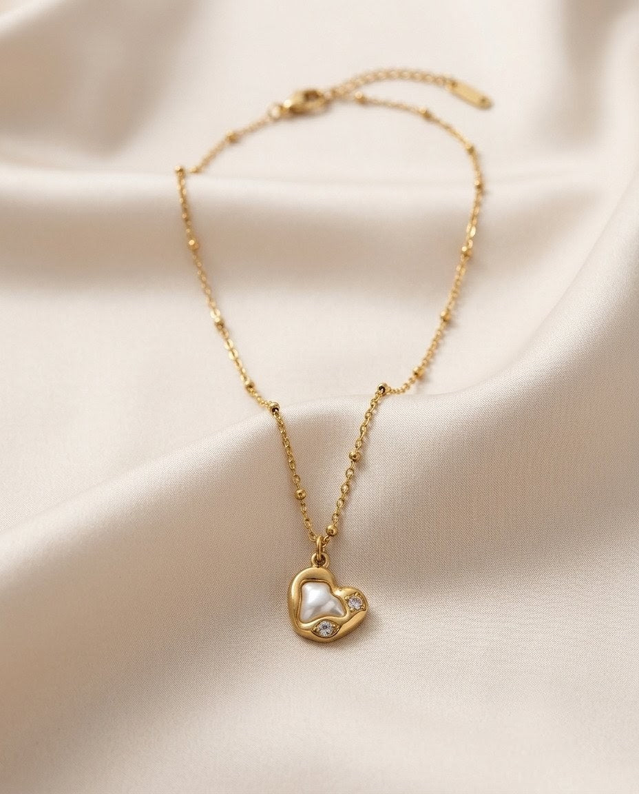 Organic Heart Mother of Pearl & Crystal Gold Plated Necklace