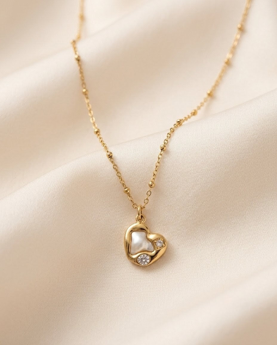 Organic Heart Mother of Pearl & Crystal Gold Plated Necklace