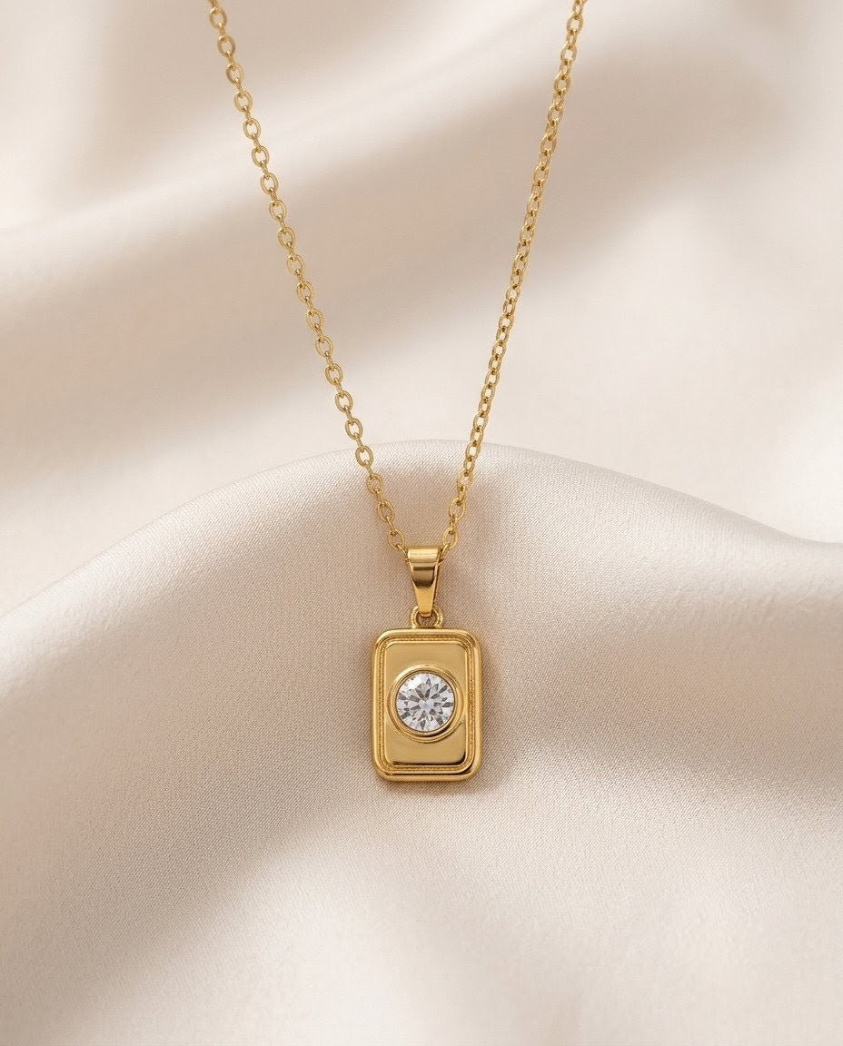 Solitaire Crystal Minimalist Tag Gold Plated Necklace