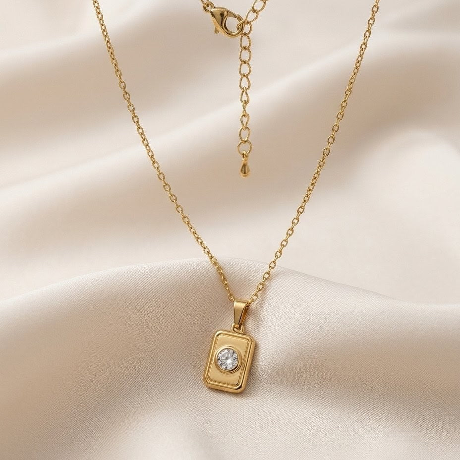 Solitaire Crystal Minimalist Tag Gold Plated Necklace