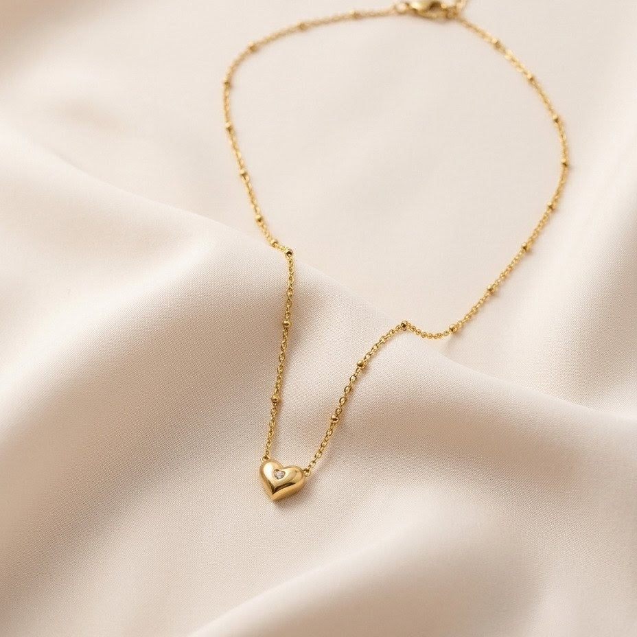 Dainty Solitaire Crystal Puffy Heart Gold Plated Necklace