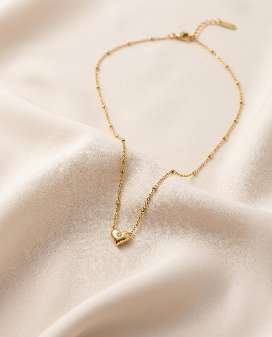 Solitaire Crystal Puffy Heart Gold Plated Necklace