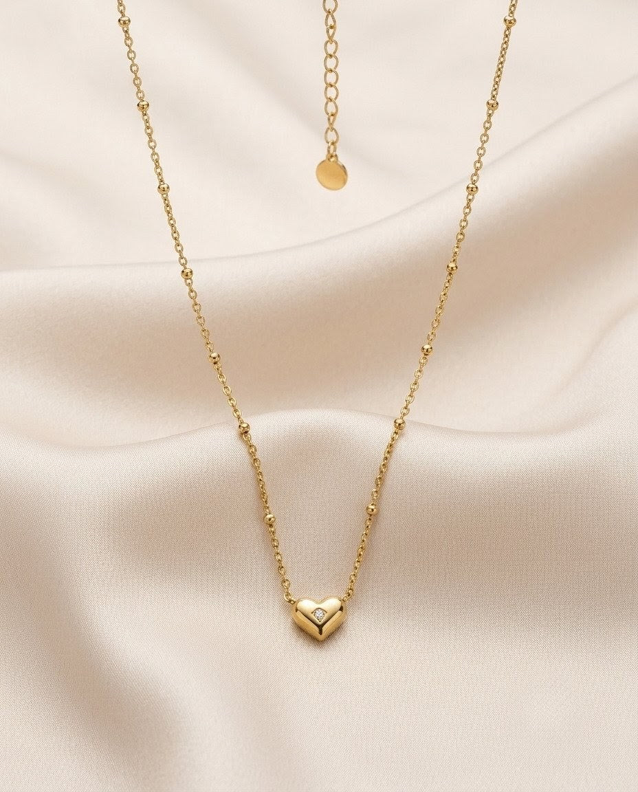 Dainty Solitaire Crystal Puffy Heart Gold Plated Necklace