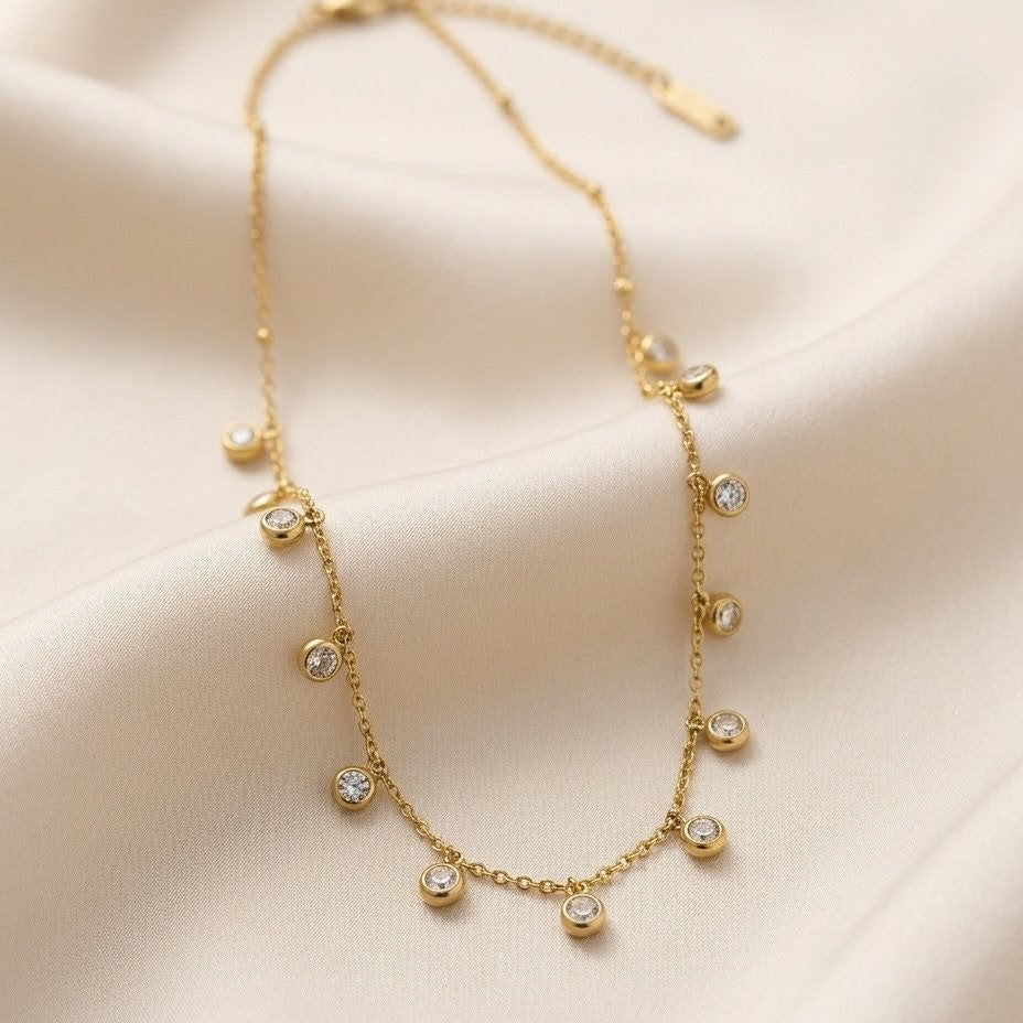 Solitaire Crystal Teardrop & Bar Layered Gold Plated Necklace
