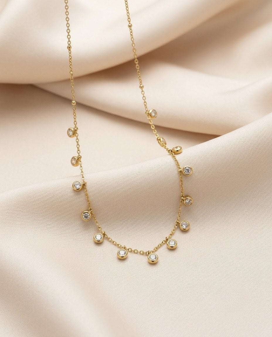 Solitaire Crystal Teardrop & Bar Layered Gold Plated Necklace