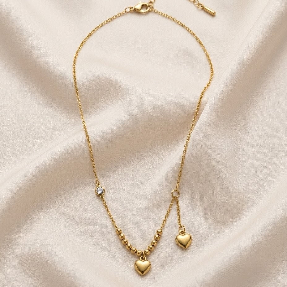 Layered Double-Strand Heart & Solitaire Crystal Gold Plated Necklace