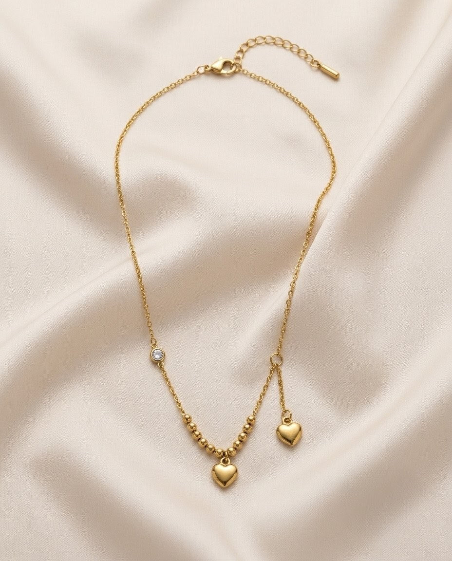 Double-Strand Heart & Solitaire Crystal Gold Plated Necklace