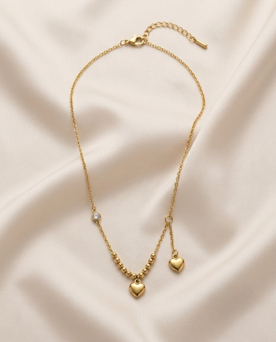Double-Strand Heart & Solitaire Crystal Gold Plated Necklace