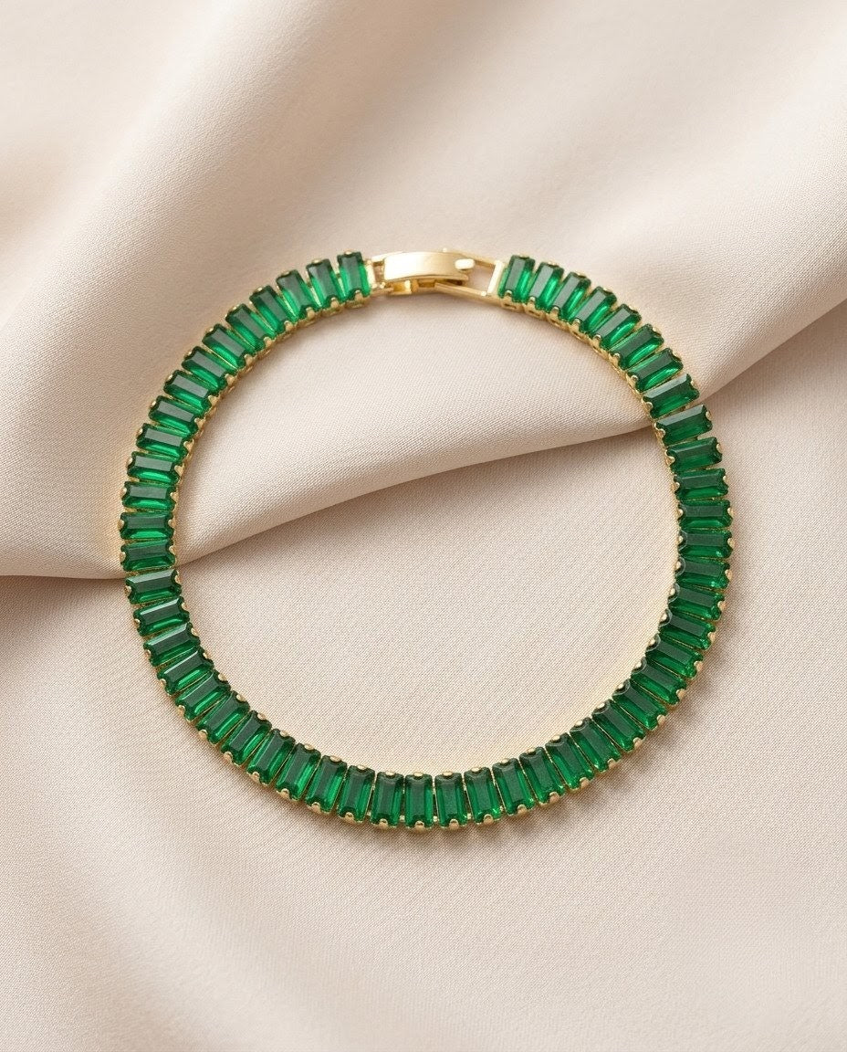 Vibrant Emerald Green Baguette Crystal Gold Plated Tennis Bracelet