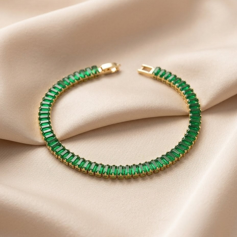 Emerald Green Baguette Crystal Gold Plated Tennis Bracelet