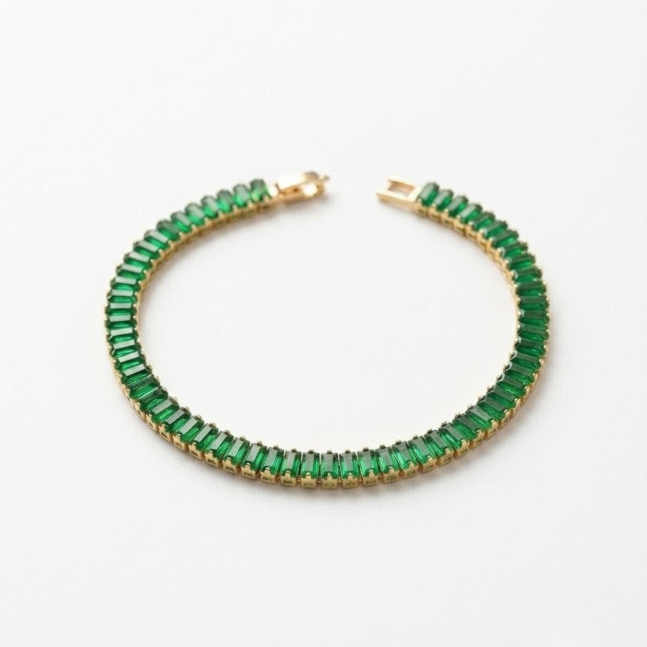 Vibrant Emerald Green Baguette Crystal Gold Plated Tennis Bracelet