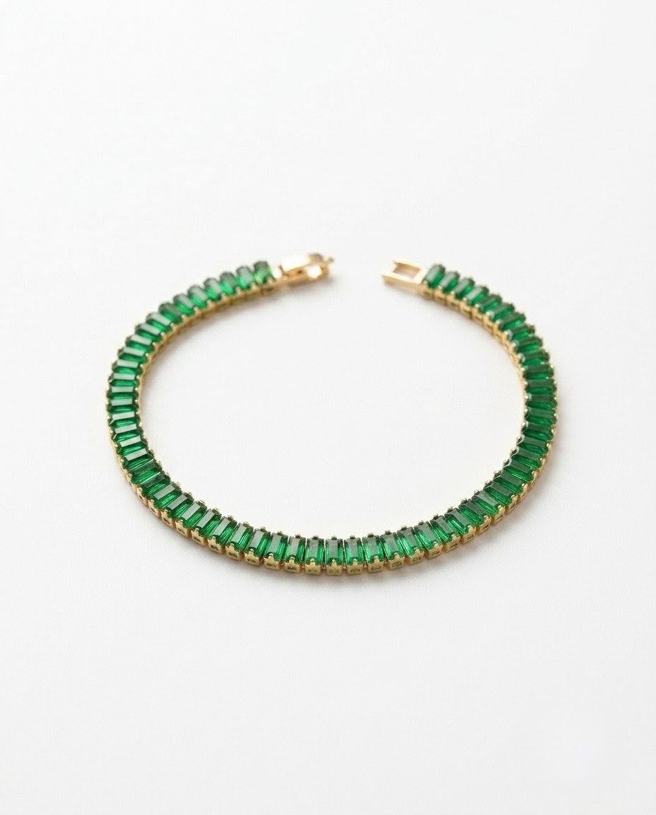 Vibrant Emerald Green Baguette Crystal Gold Plated Tennis Bracelet