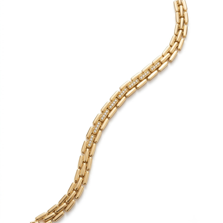 Sleek Brick Link & Crystal Pavé Center Gold Plated Bracelet