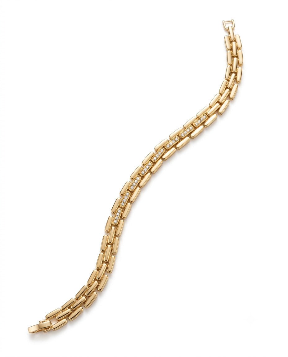 Sleek Brick Link & Crystal Pavé Center Gold Plated Bracelet