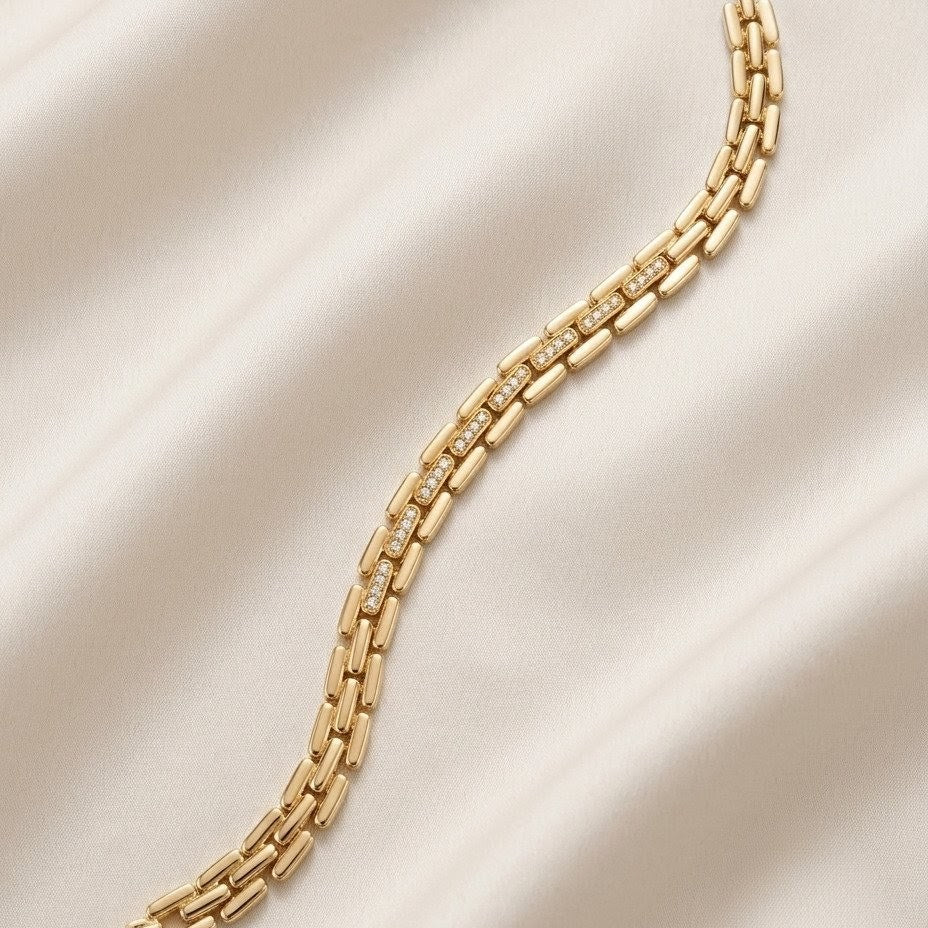 Sleek Brick Link & Crystal Pavé Center Gold Plated Bracelet