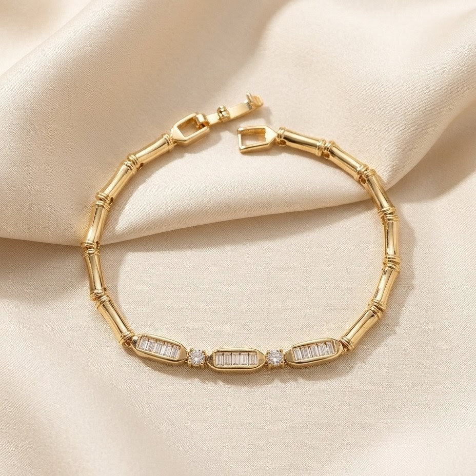 Bamboo Bar & Baguette Crystal Station Gold Plated Bracelet