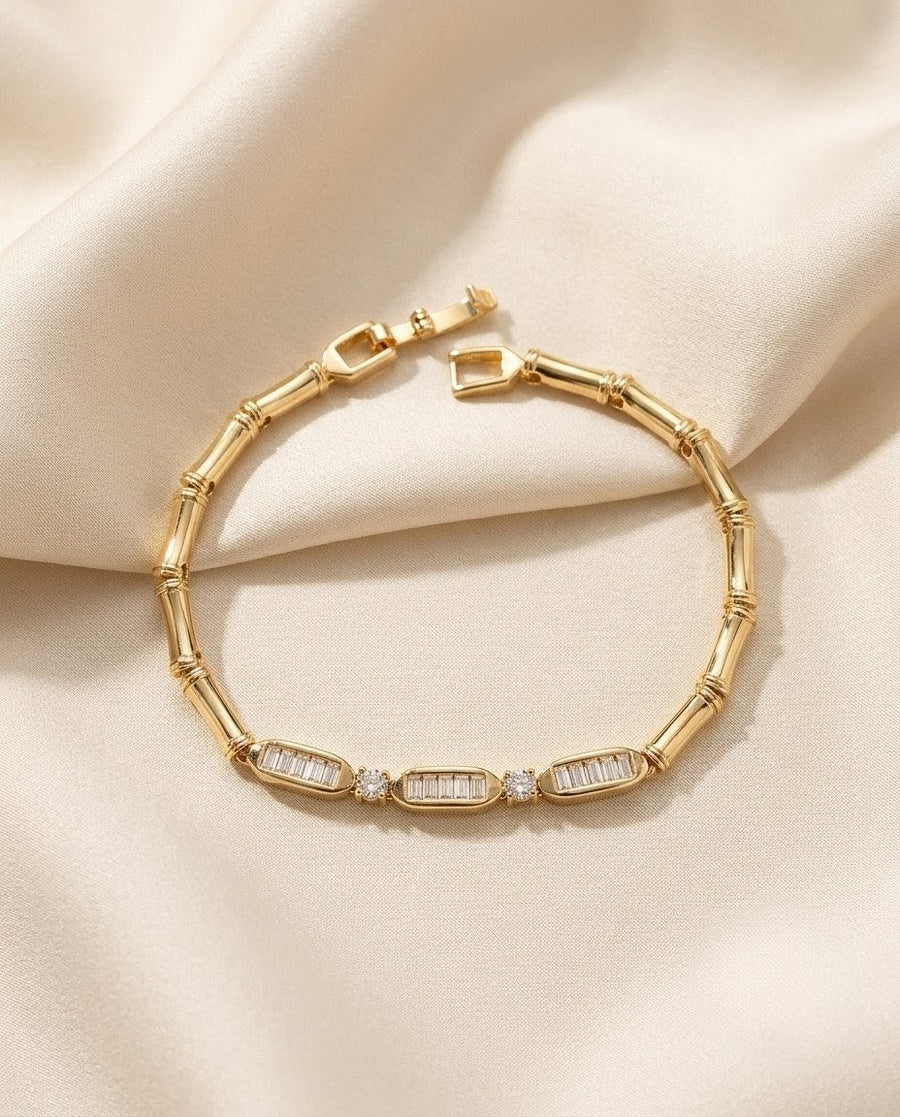 Bamboo Bar & Baguette Crystal Station Gold Plated Bracelet