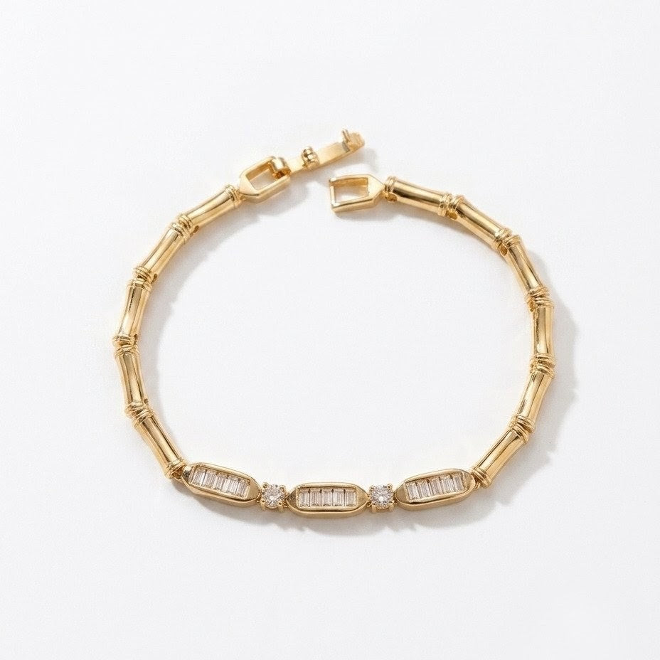Organic Bamboo Bar & Baguette Crystal Station Gold Plated Bracelet