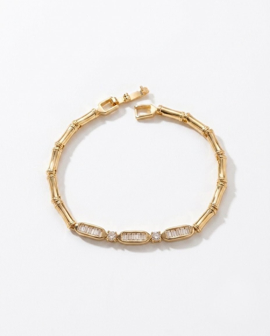 Organic Bamboo Bar & Baguette Crystal Station Gold Plated Bracelet