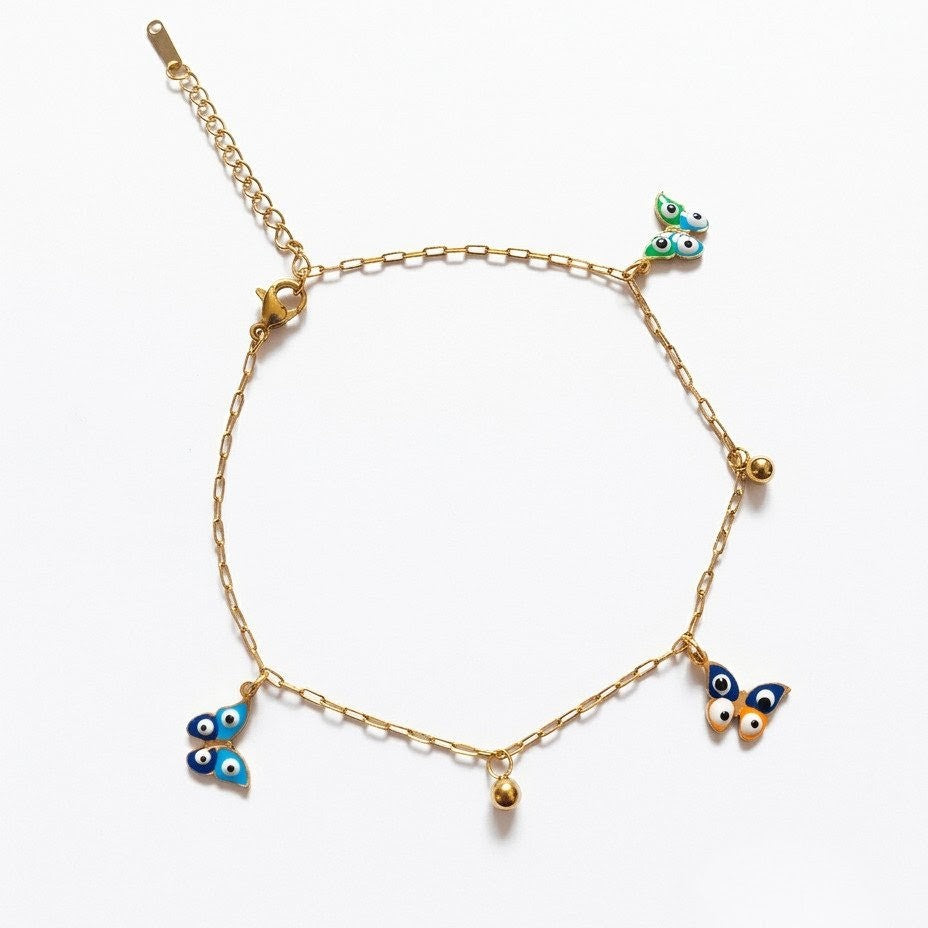 Whimsical Evil Eye Butterfly & Gold Sphere Station Charm Bracelet