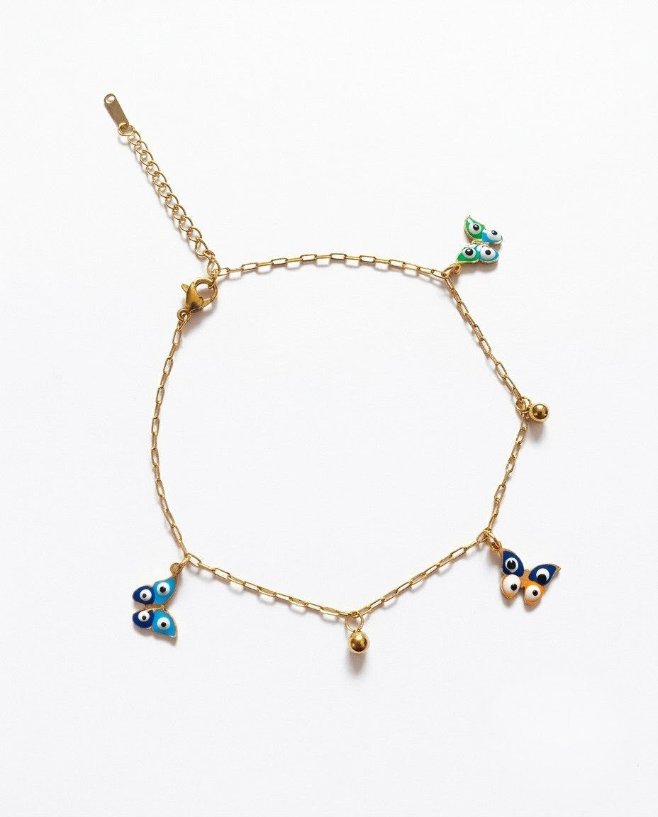 Whimsical Evil Eye Butterfly & Gold Sphere Station Charm Bracelet