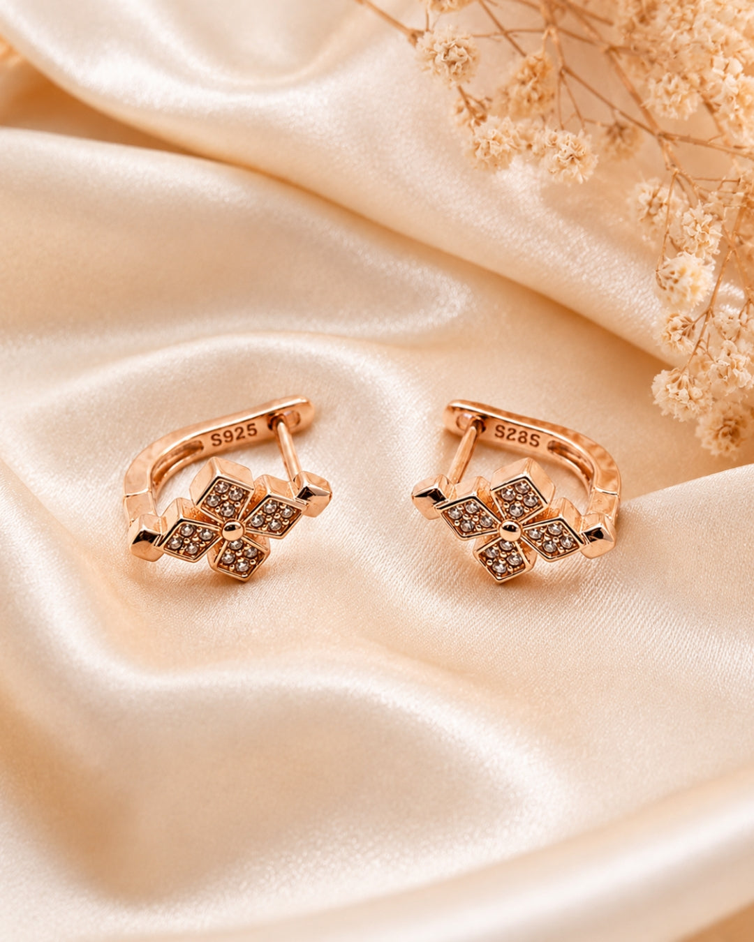 Petal Clover Hoops 925 Silver Rose Gold Earrings