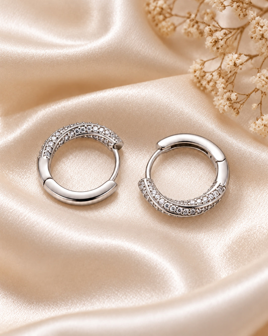 Half Pave Hoops 925 Silver Earrings