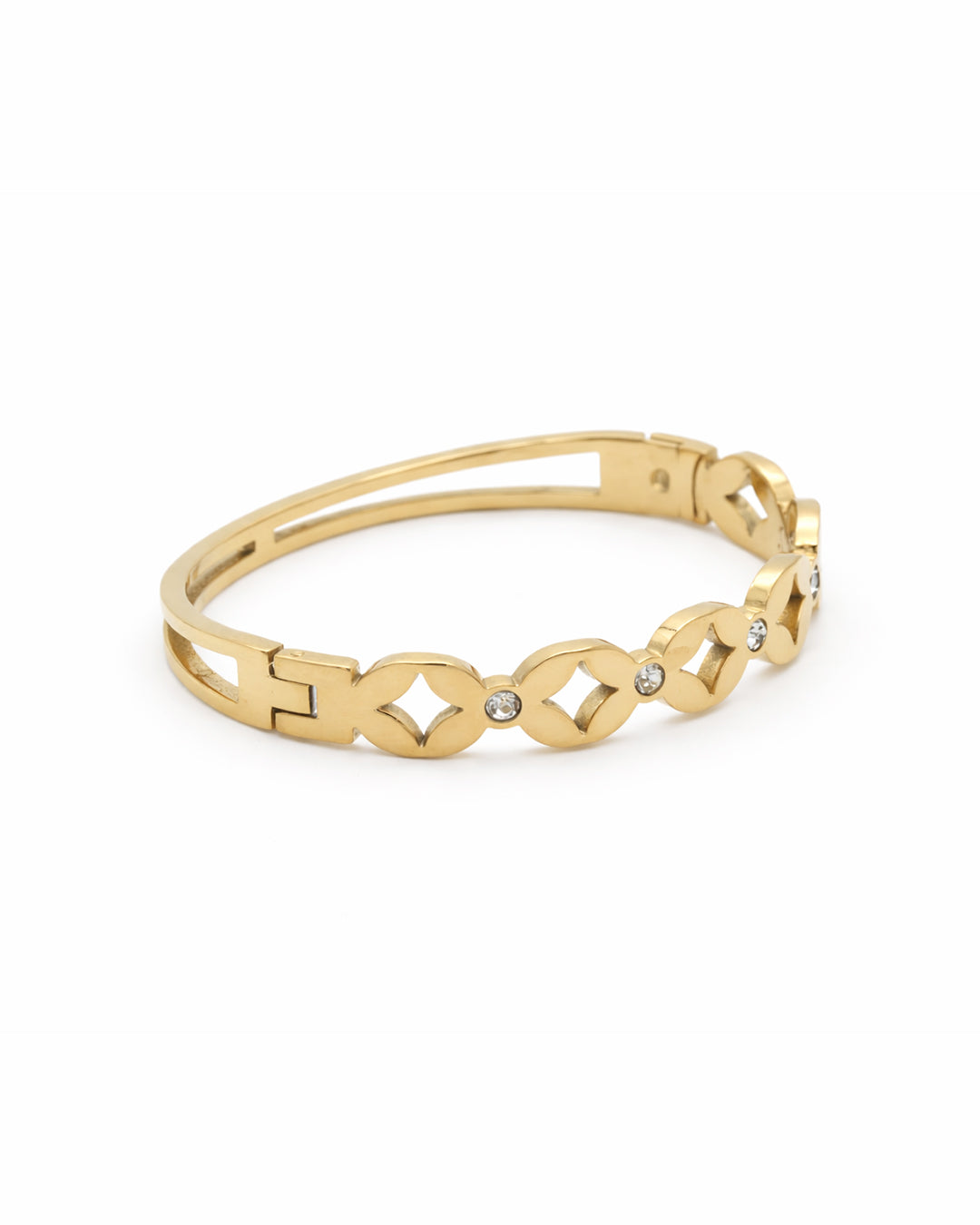 Clover & Solitaire Crystal Open-Work Gold Plated Kada