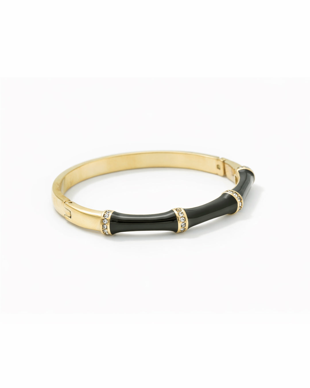 Black Enamel Bamboo Crystal Gold Plated Bangle Kada