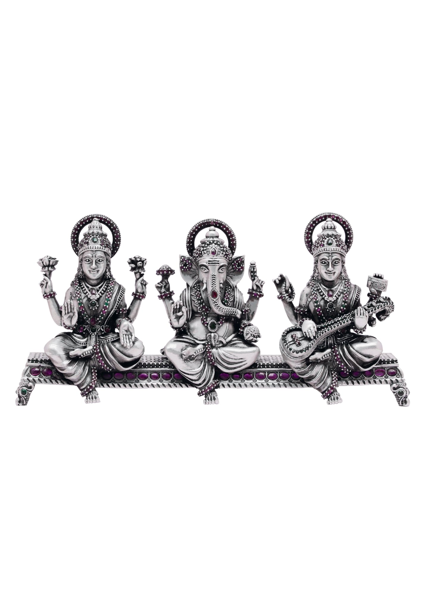 Divine Trio Lakshmi, Saraswati & Ganesha Paata Idol in Silver 925